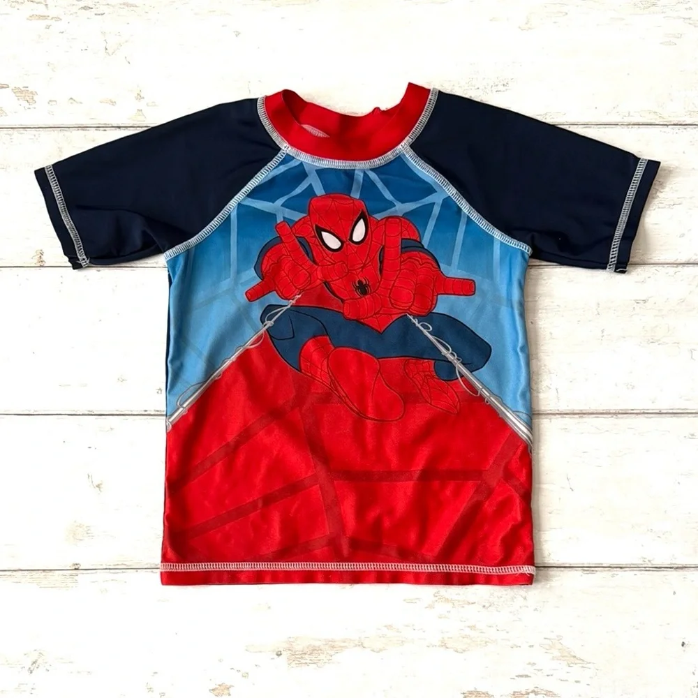 Spider-Man 4T Kids Swim Shirt Spiderman Rashguard Red Blue Top Boys Toddler